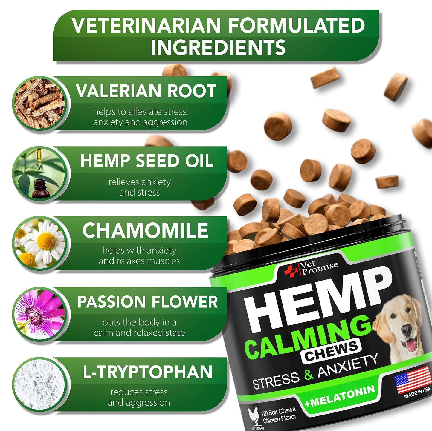 Natural Hemp Dog Calming Chews – 120 VET Formulated Melatonin Treats for Anxiety