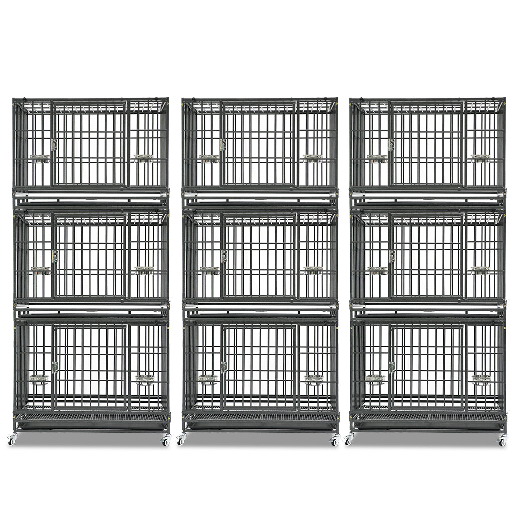 37 Inch Heavy Duty Dog Crate | Stackable Steel Kennel with Open Top, Wheels & Bowls
