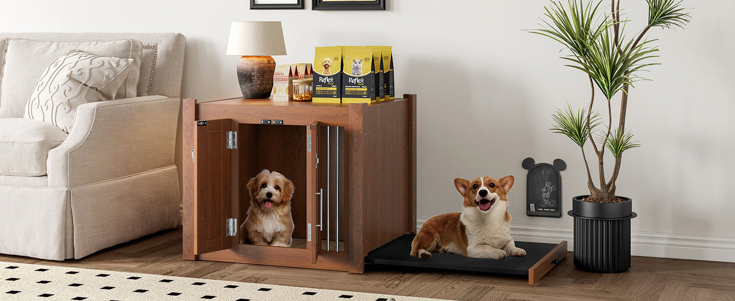 2-in-1 Dog Crate Ottoman with Bench | 30" Wooden Kennel (Walnut)
