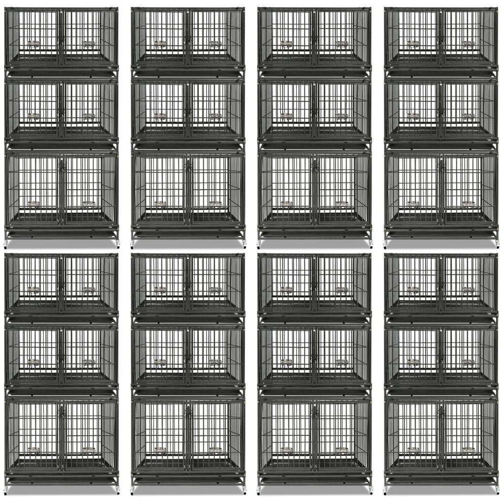 43" Heavy Duty 3 Tier Dog Crate | Stackable Steel Kennel with Dividers, Feeding Bowls & Lockable Wheels | Professional Grade