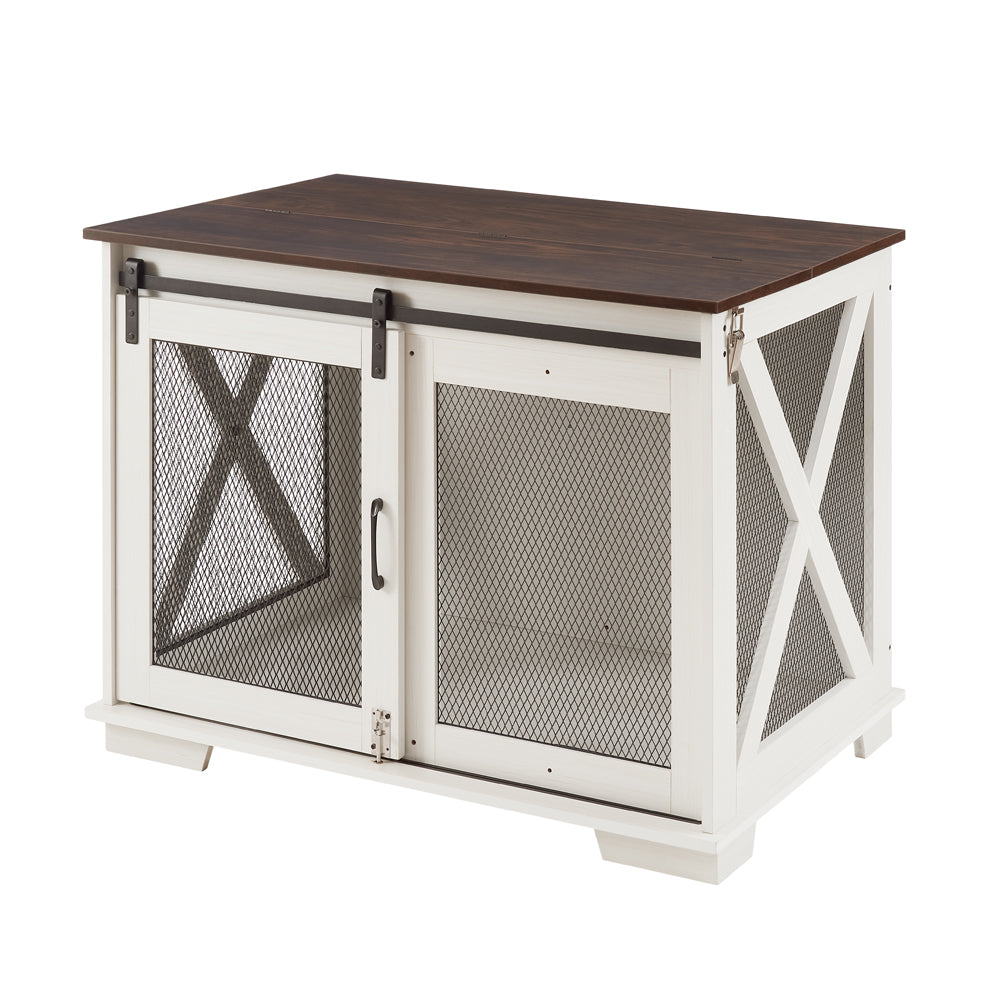 Farmhouse Dog Crate Furniture with Barn Door | Wooden Kennel End Table