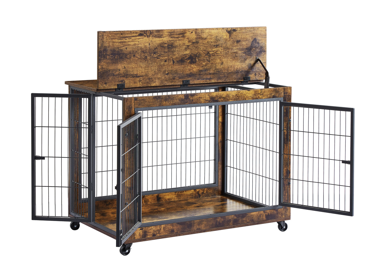 Furniture Dog Crate Side Table on Casters | Double Door Lift Top Kennel
