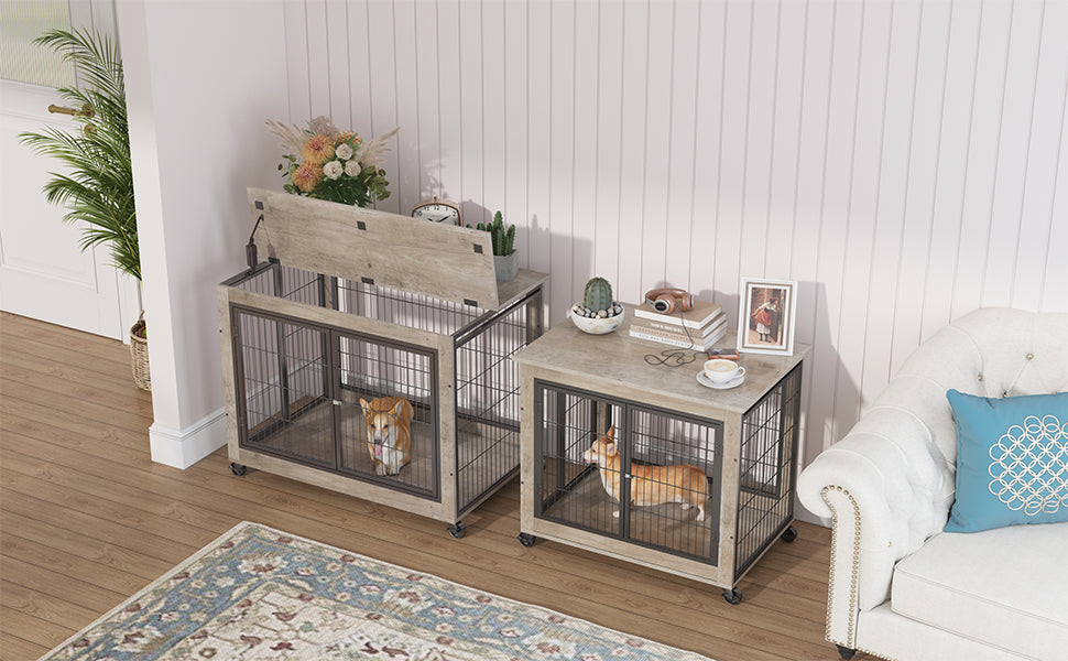 Large Dog Crate End Table | Sliding Barn Door Kennel Dog Crate Furniture