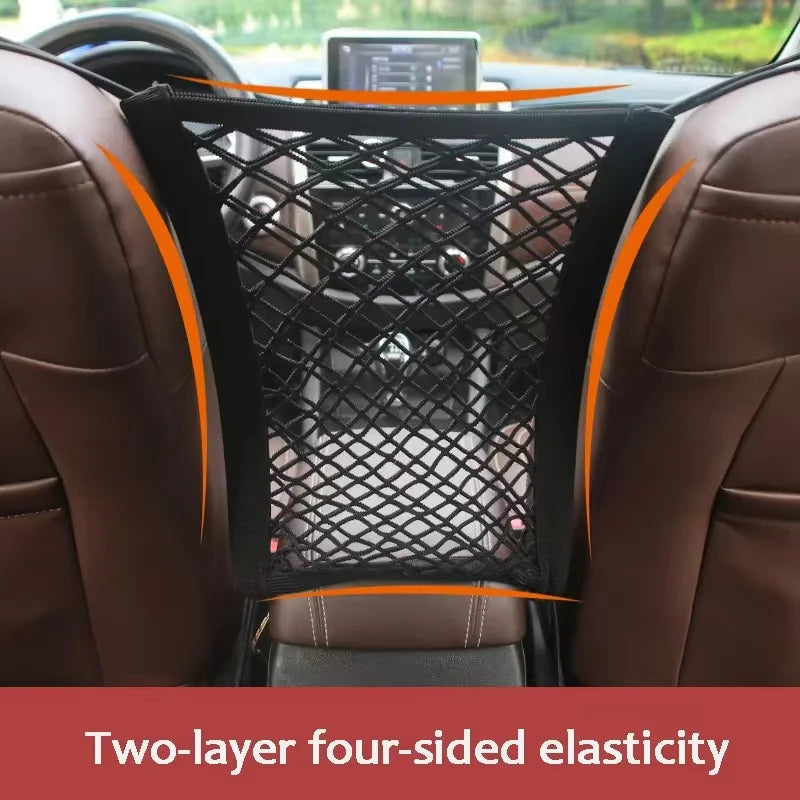 Car Storage Net Bag and Pet Divider for Dogs | Flexible Between Seat Organizer