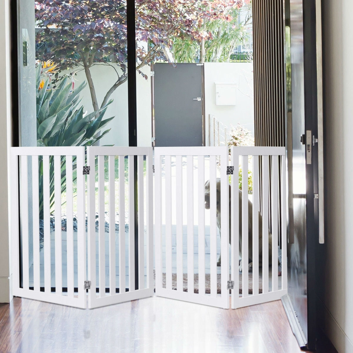 Tall 4-Panel Pet Gate | 35" High Wooden Dog Barrier (White)