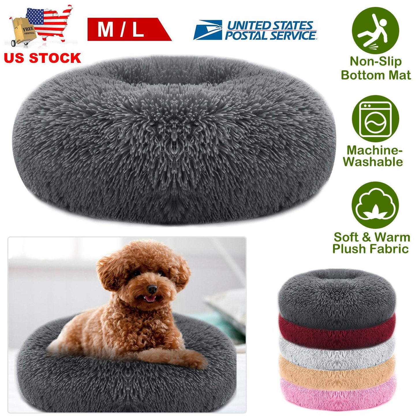 Calming Dog Bed | Pink Plush Pet Donut | Large