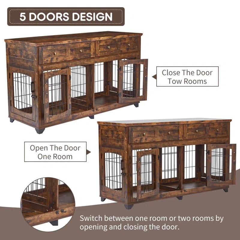 Dog Crate Furniture with Openable Partition | Double Door Wooden End Table Kennel with Drawers & Divider