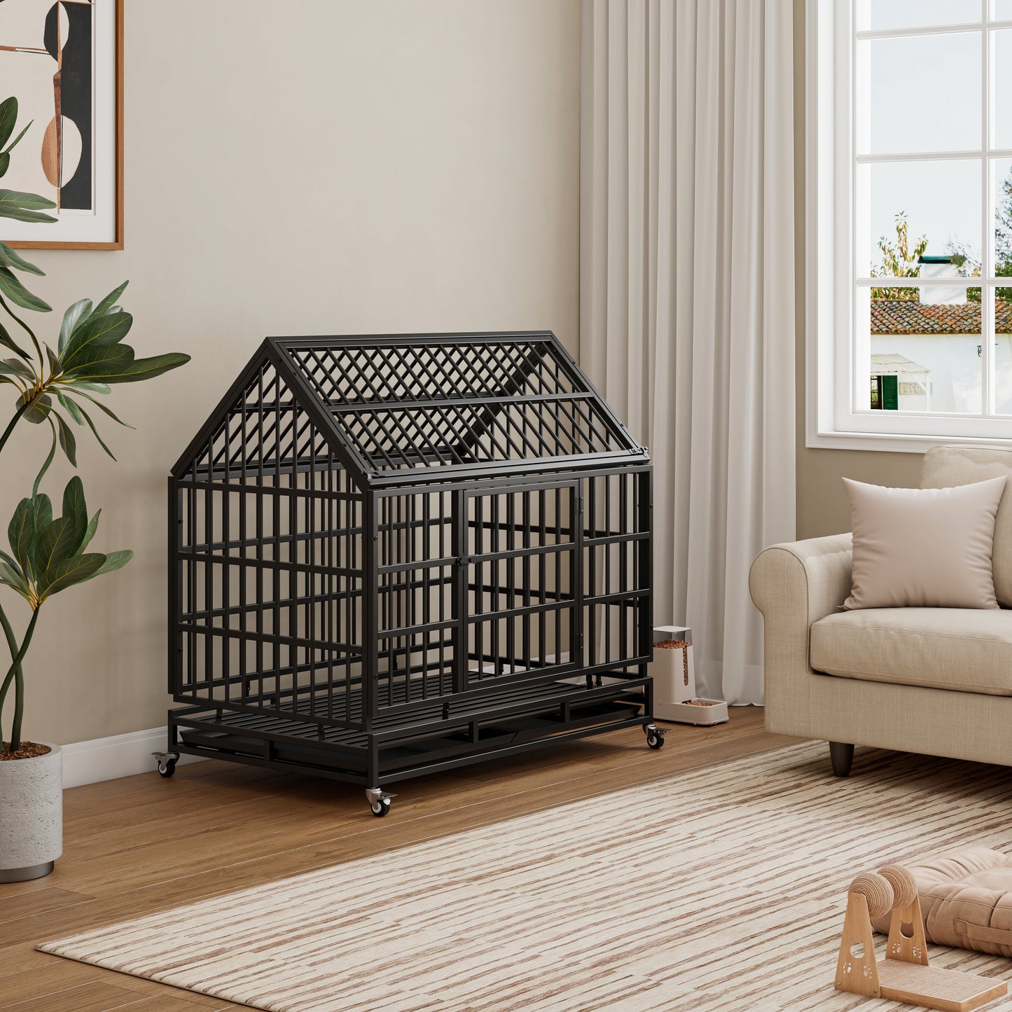 Heavy Duty Dog Crate with Wheels, 48 in Folding Metal, Black