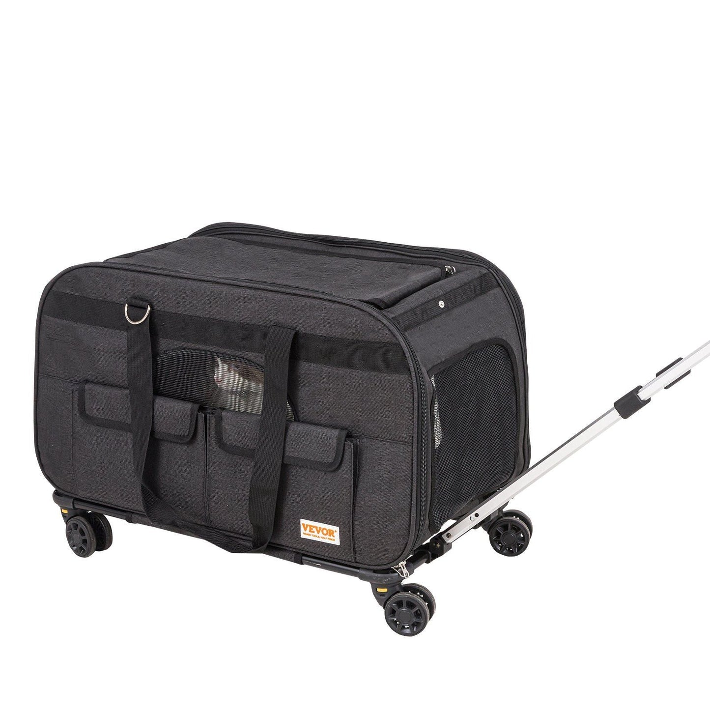 Cat Carrier with Wheels, Rolling Pet Carrier with Telescopic Handle & Shoulder Strap