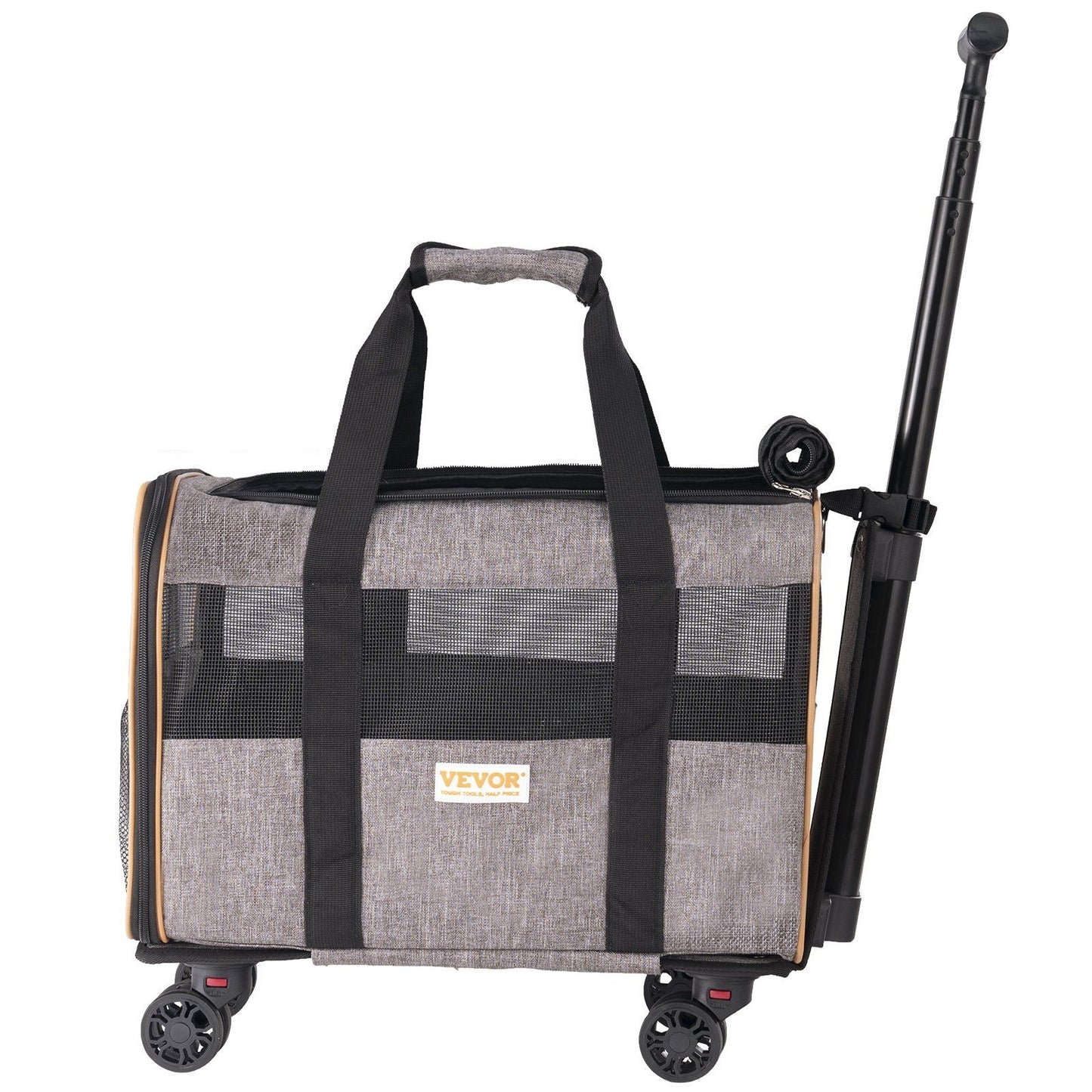 Cat Carrier with Wheels, Airline Approved Grey Rolling Pet Carrier with Telescopic Handle