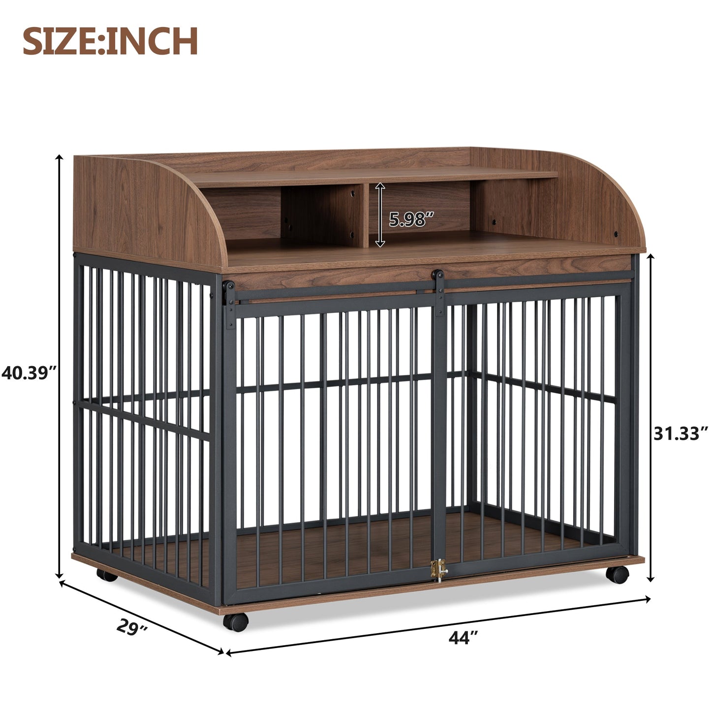 Large Dog Crate End Table | Sliding Barn Door Pet Kennel with Double Shelf Storage