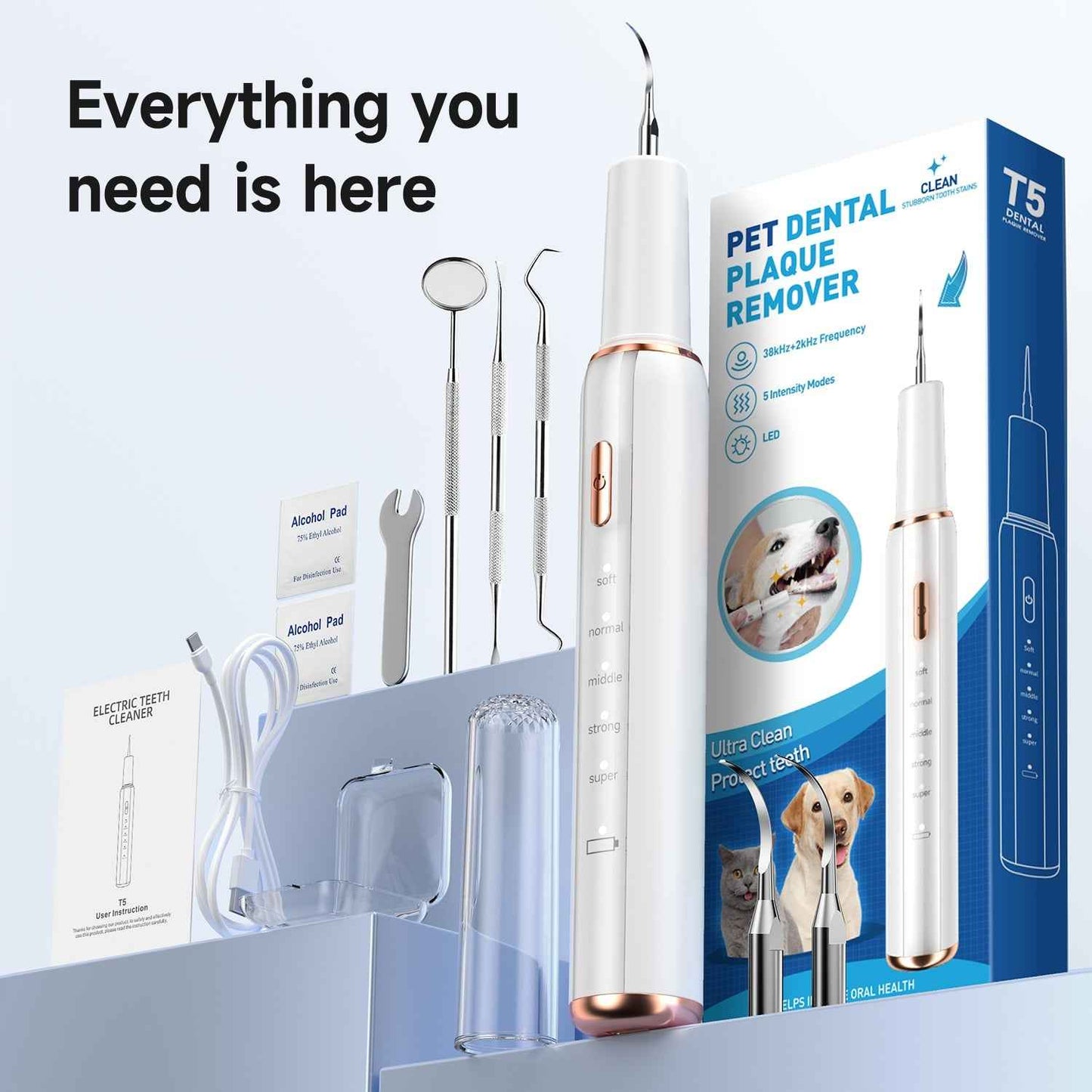 T5 Pet Ultrasonic Tooth Cleaner – Professional Dental Plaque & Tartar Remover for Dogs & Cats