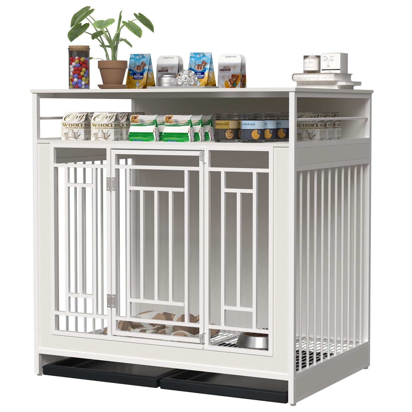 White Wooden Dog Crate Furniture | 43" End Table Kennel with Drawers
