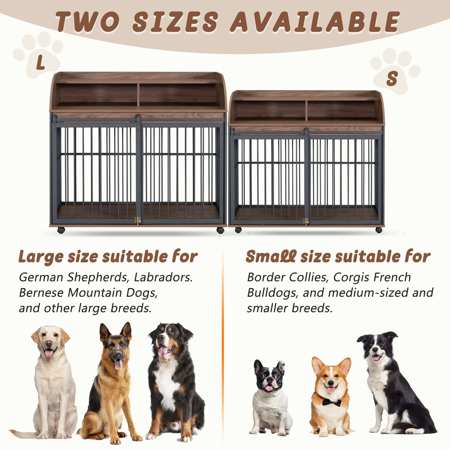 Large Dog Crate End Table | Sliding Barn Door Pet Kennel with Double Shelf Storage