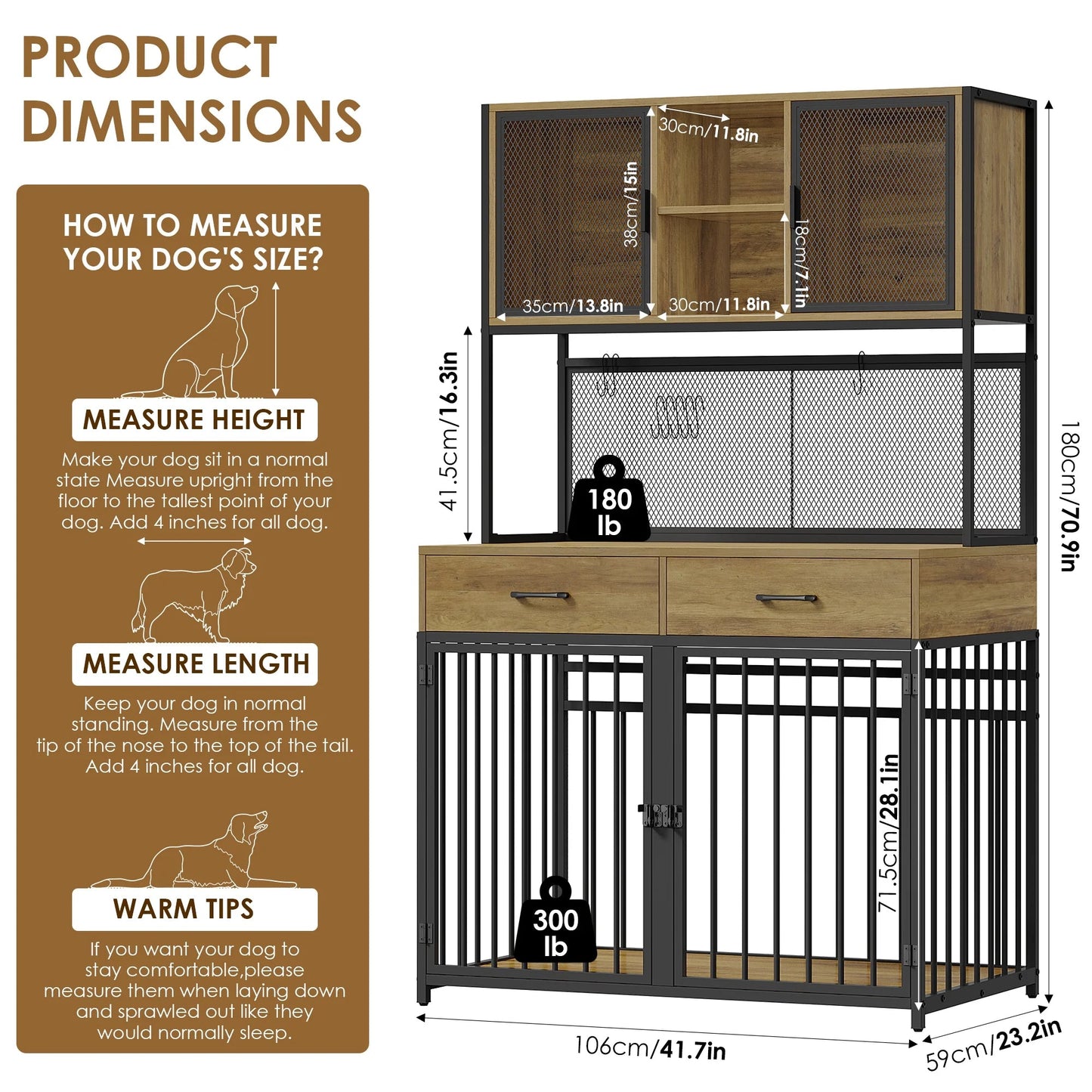Rustic Dog Crate Furniture with Hutch | 42" Wide Indoor Pet Cage