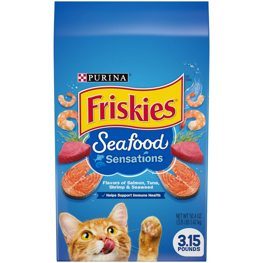 Purina Friskies Seafood Sensations Dry Cat Food – Salmon, Tuna & Shrimp (3.15 lb Bag)