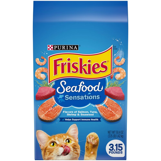 Purina Friskies Seafood Sensations Dry Cat Food – Salmon, Tuna & Shrimp (3.15 lb Bag)