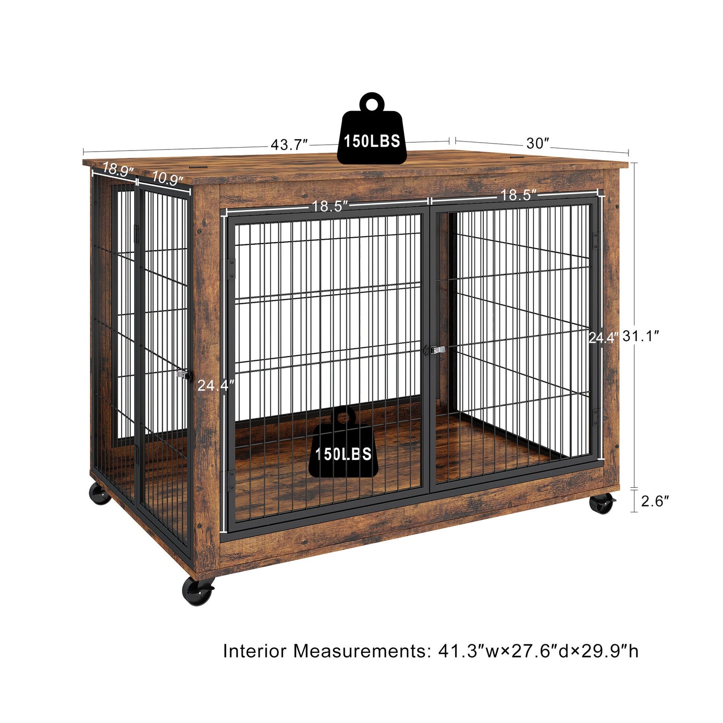 44" Heavy Duty Dog Crate Furniture with Wheels | Double Storage Kennel (Brown)