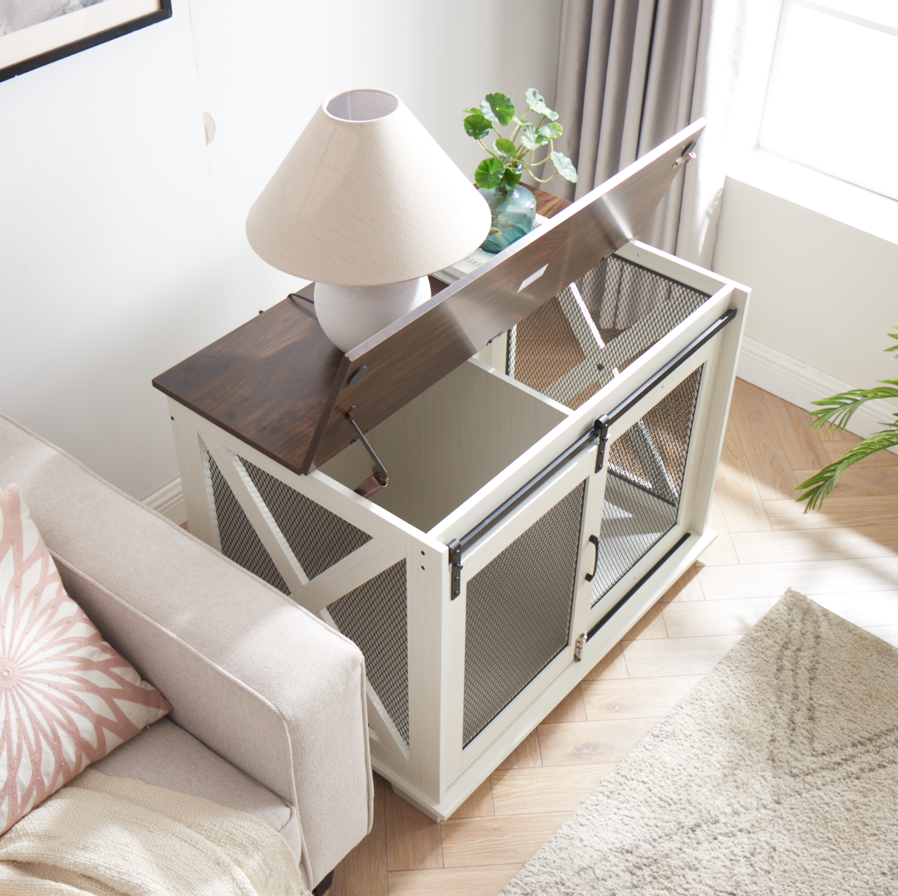 Farmhouse Dog Crate Furniture with Barn Door | Wooden Kennel End Table