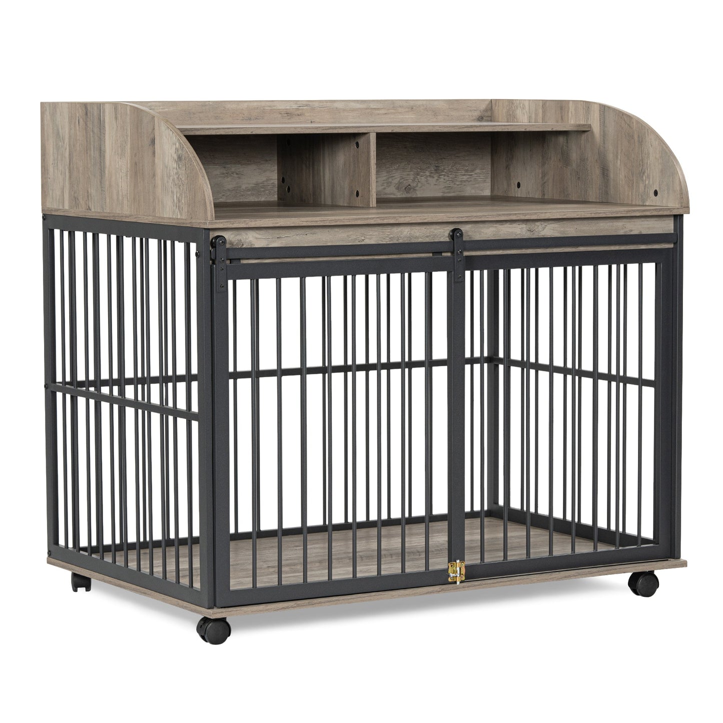 44" Heavy Duty Dog Crate Furniture with Wheels | Double Storage Pet Kennel (Gray)
