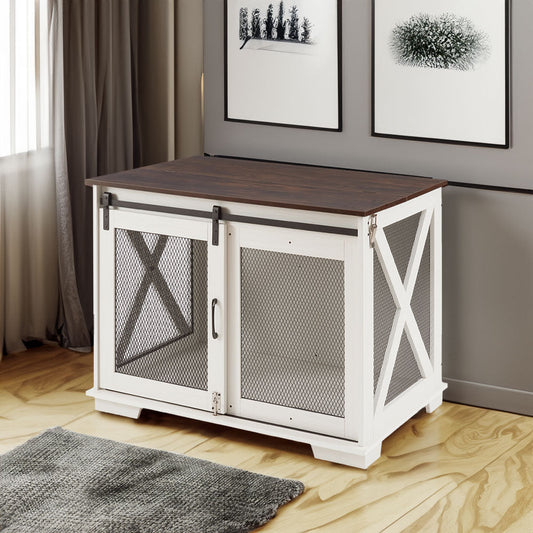 Farmhouse Dog Crate Furniture with Barn Door | Wooden Kennel End Table