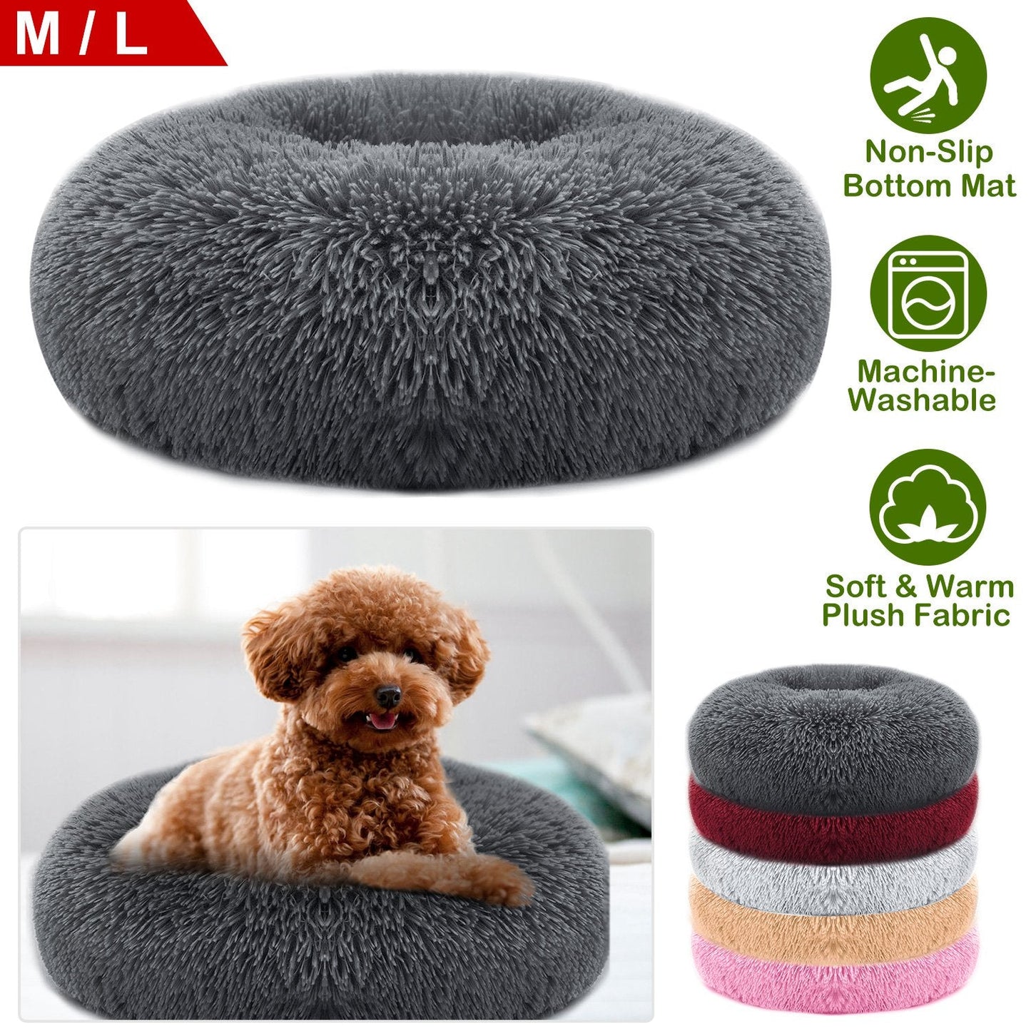 Calming Dog Bed | Pink Plush Pet Donut | Large