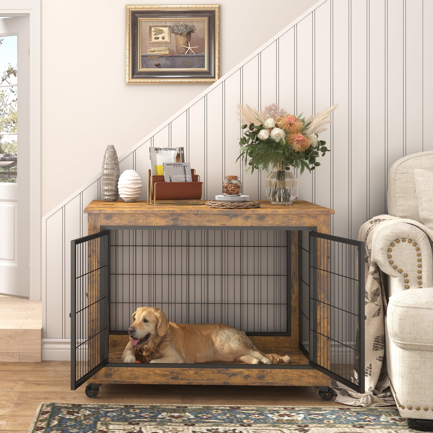 Furniture Dog Crate Side Table on Casters | Double Door Lift Top Kennel