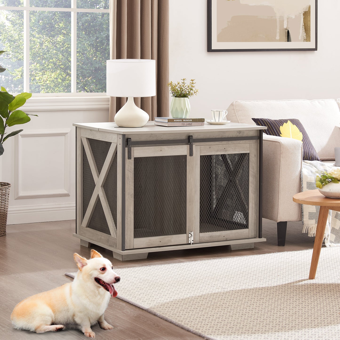 Furniture Style Dog Crate End Table | Double Door Indoor Kennel with Wheels