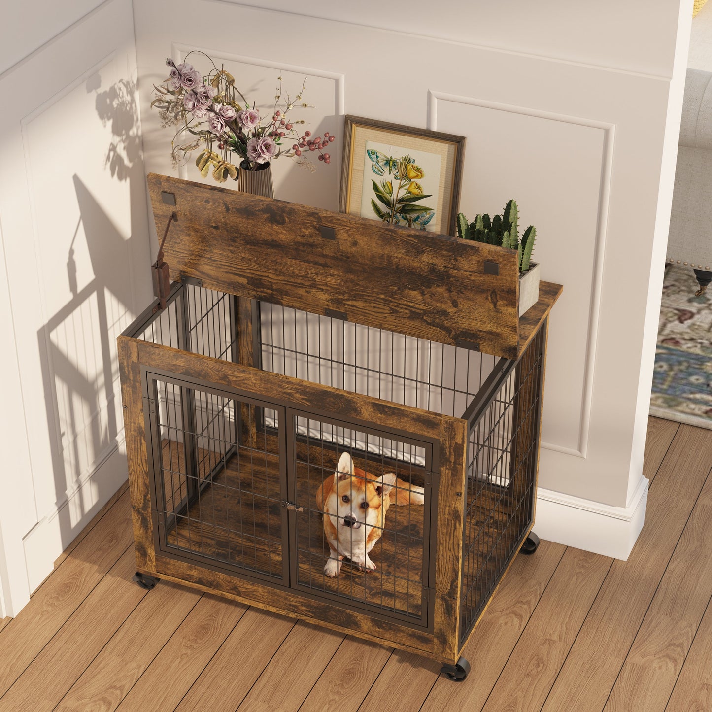 31.5" Furniture Style Dog Crate on Wheels | Wooden End Table Kennel