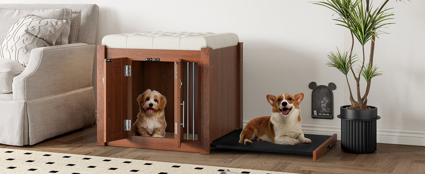 2-in-1 Dog Crate Ottoman with Bench | 30" Wooden Kennel (Walnut)