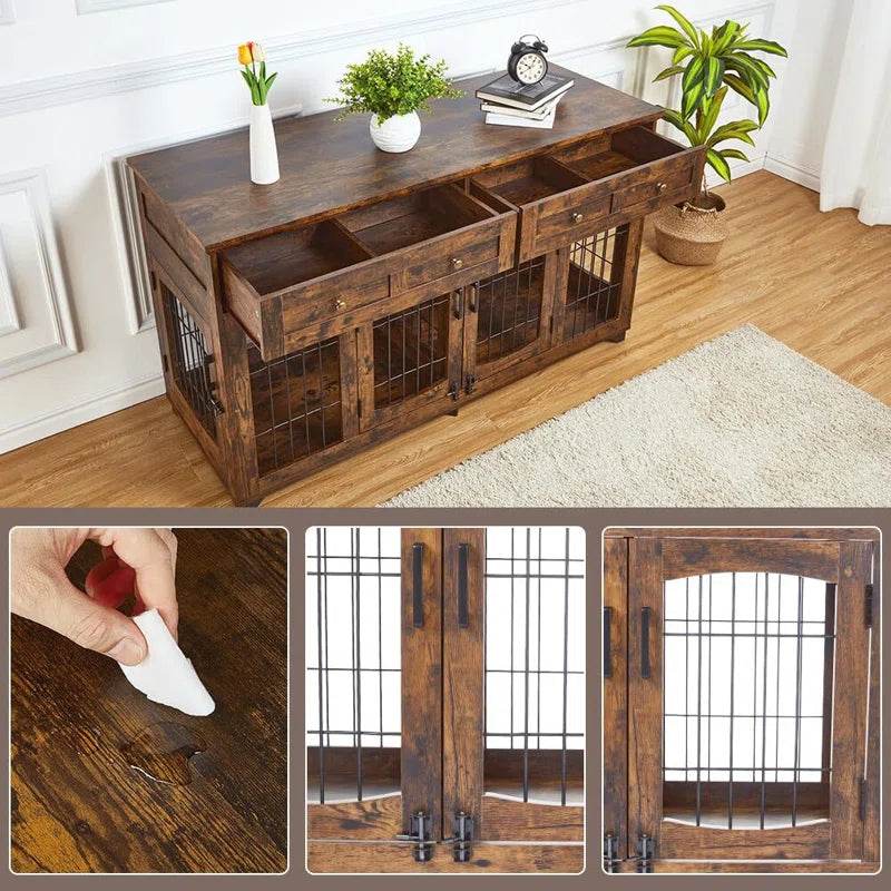 Dog Crate Furniture with Openable Partition | Double Door Wooden End Table Kennel with Drawers & Divider