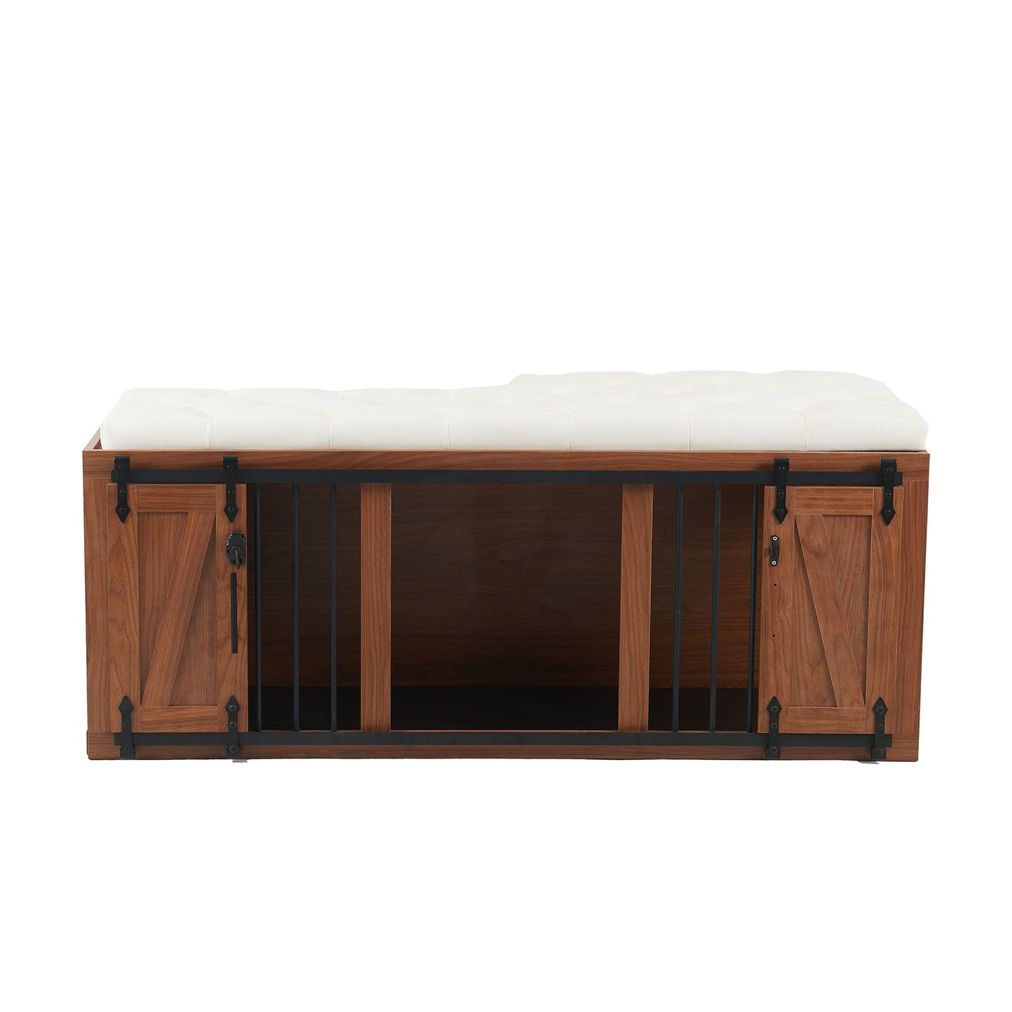 56" Furniture Style Dog Crate with Bench | Sliding Barn Door Kennel (Walnut)