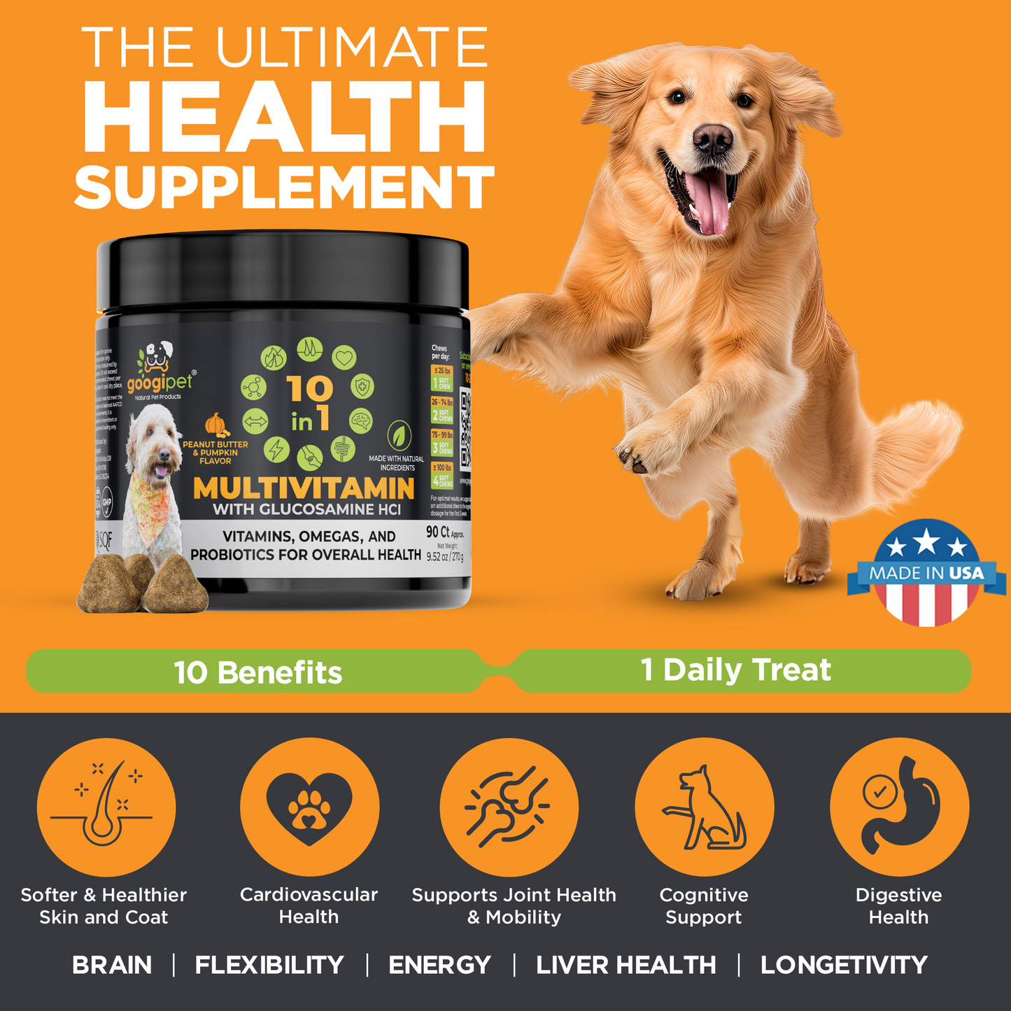 10-in-1 Dog Multivitamin Chews with Glucosamine and Probiotics: Peanut Butter & Pumpkin | 90 Count