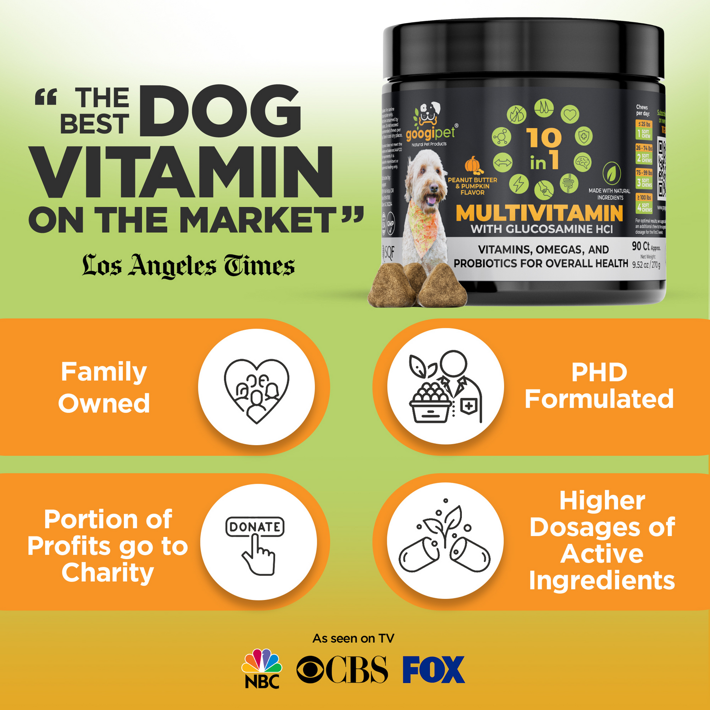 10-in-1 Dog Multivitamin Chews with Glucosamine and Probiotics: Peanut Butter & Pumpkin | 90 Count