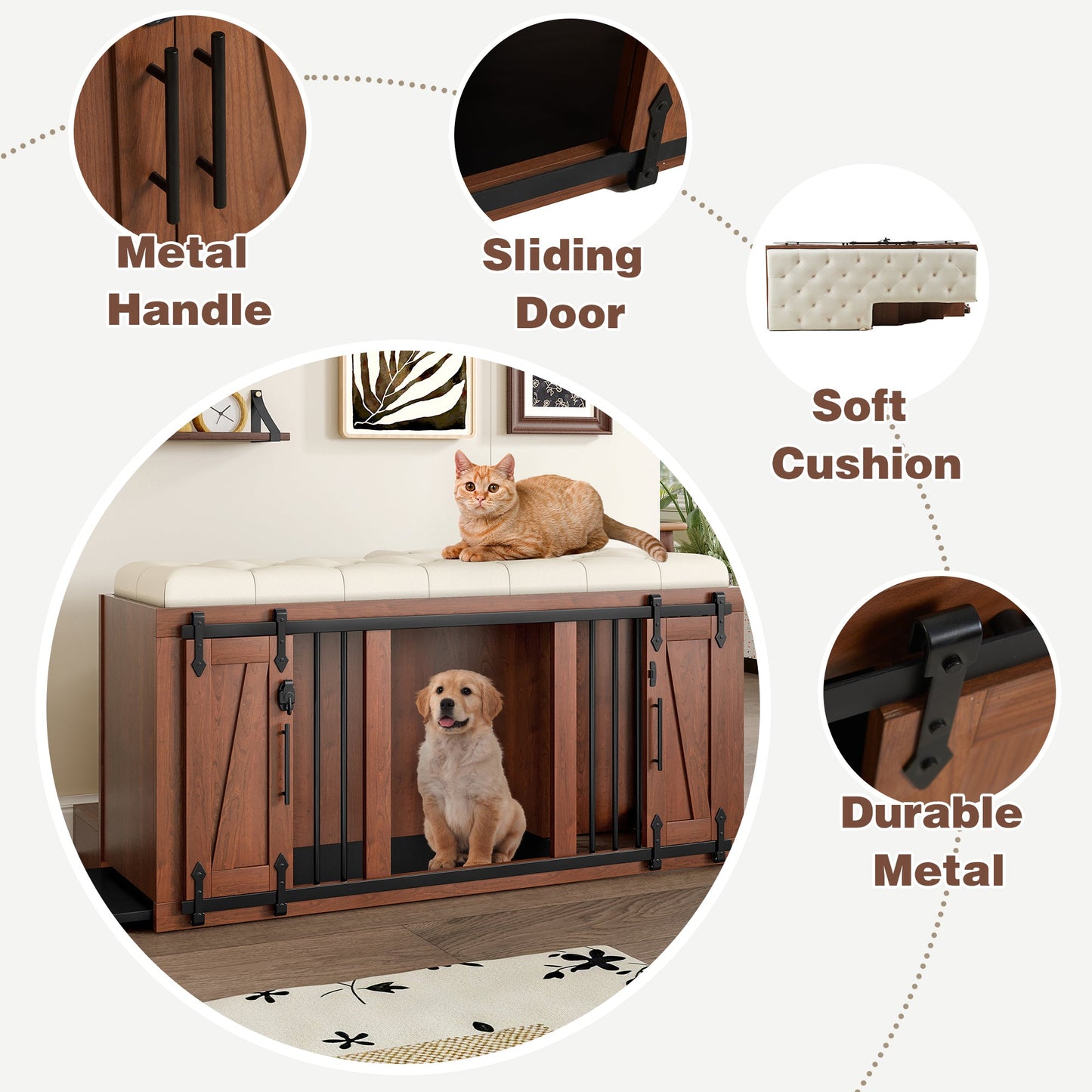 56" Furniture Style Dog Crate with Bench | Sliding Barn Door Kennel (Walnut)