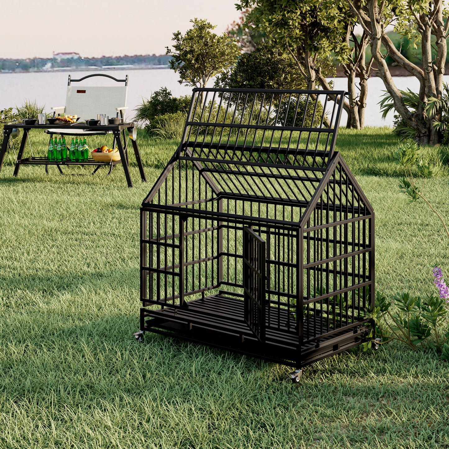 Heavy Duty Dog Crate with Wheels, 48 in Folding Metal, Black