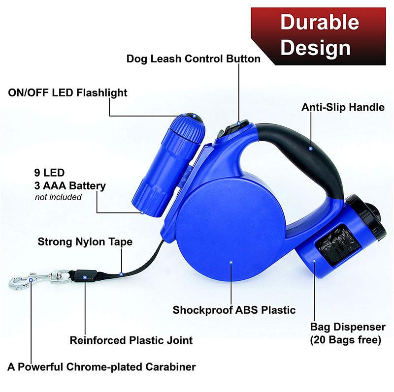 LED Retractable Dog Leash 4.5m with Waste Bag Dispenser, Up to 20kg