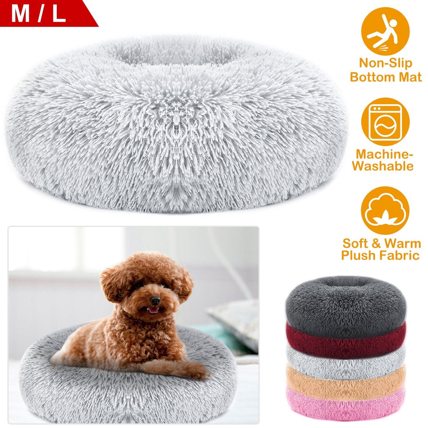 Donut Dog Bed | Anti-Slip | Fluffy Plush | Washable