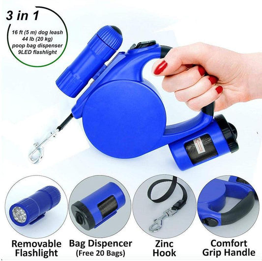 LED Retractable Dog Leash 4.5m with Waste Bag Dispenser, Up to 20kg