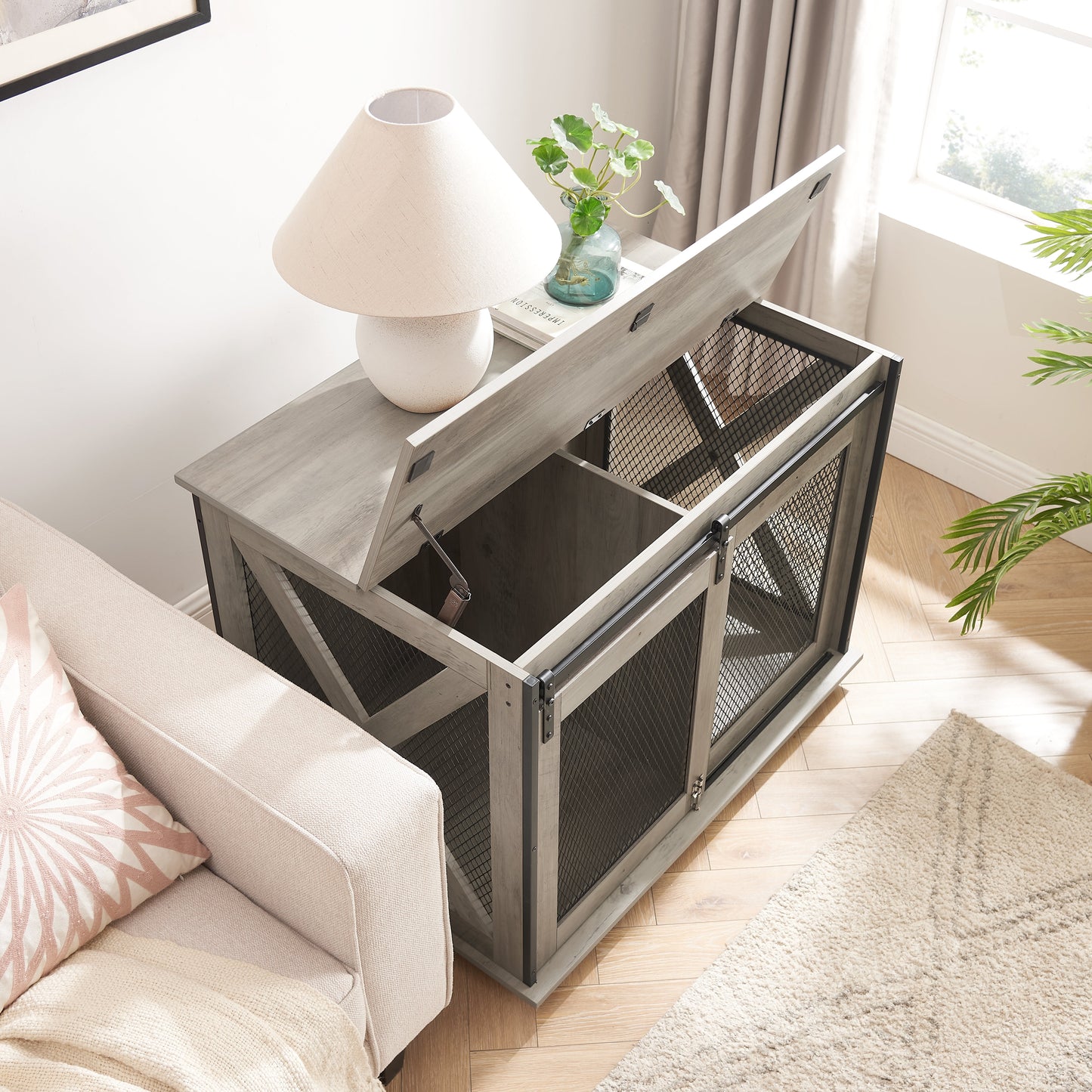 Furniture Style Dog Crate End Table | Double Door Indoor Kennel with Wheels