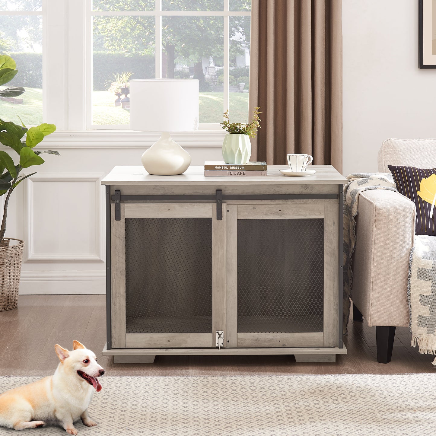 Furniture Style Dog Crate End Table | Double Door Indoor Kennel with Wheels