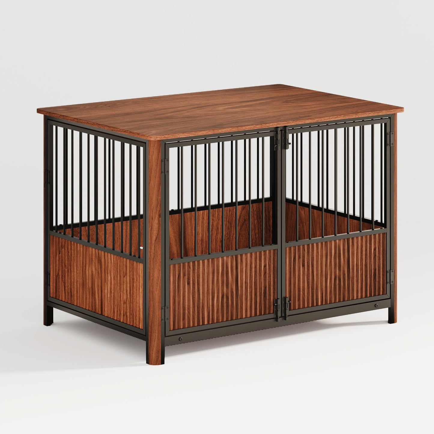 43" Walnut Fluted Wood Dog Crate Furniture | Double Door Pet Kennel