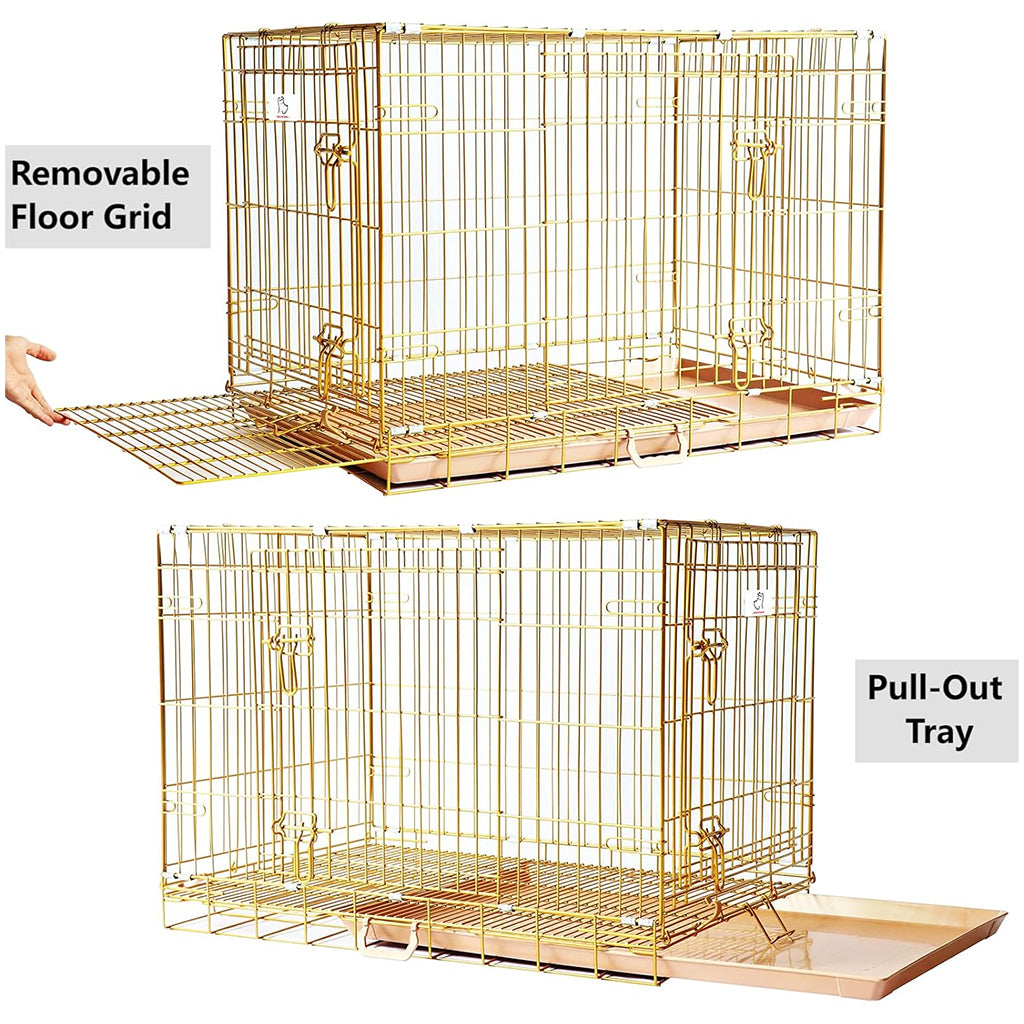 Gold Dog Crate | 24-42" Collapsible Copper Pet Kennel with Leak-Proof Tray