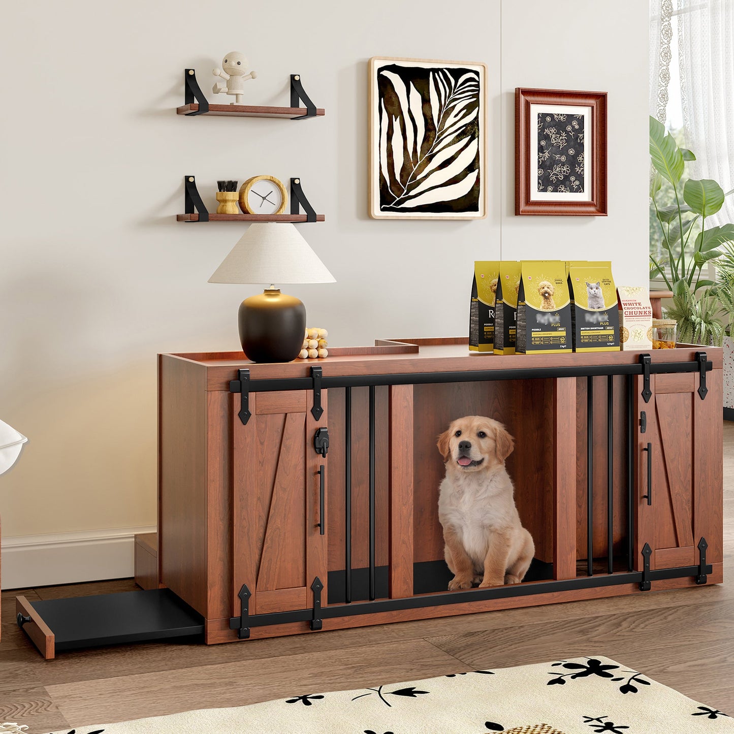 56" Furniture Style Dog Crate with Bench | Sliding Barn Door Kennel (Walnut)