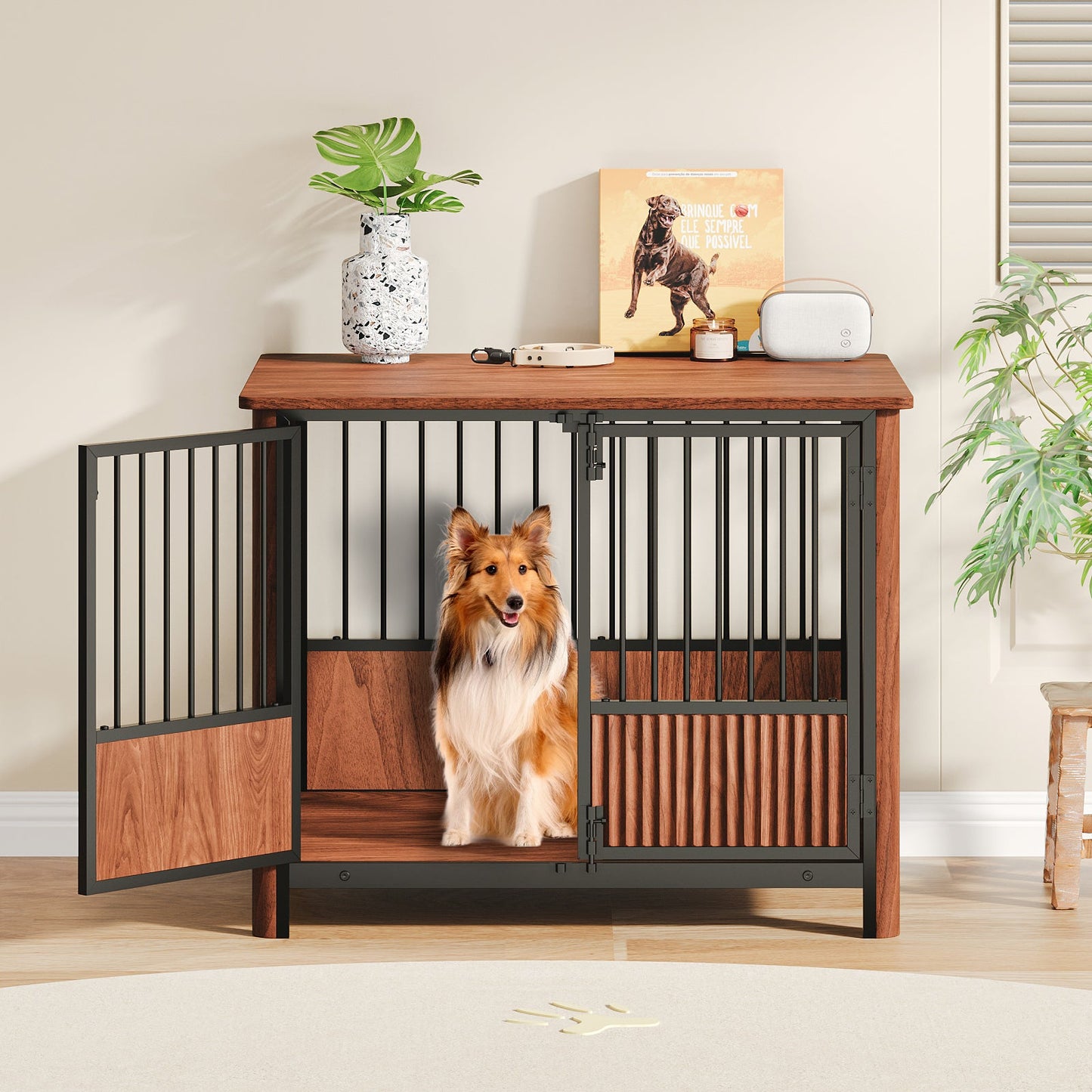Furniture Style Dog Crate End Table | Modern Walnut Kennel for Small Dogs
