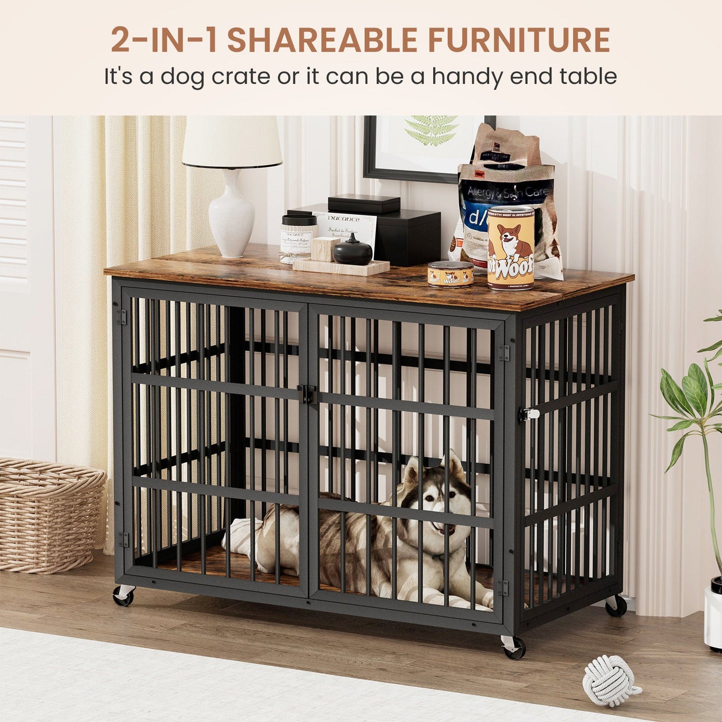 43" Furniture Style Dog Crate | Rustic Brown Dog Crate End Table on Wheels