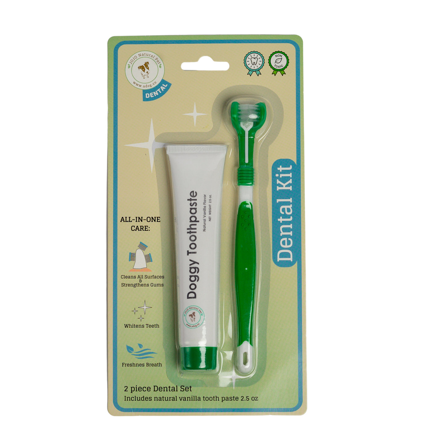 Triple Headed Dog Toothbrush and All-Natural Toothpaste Kit – 2-Piece Dog Dental Set