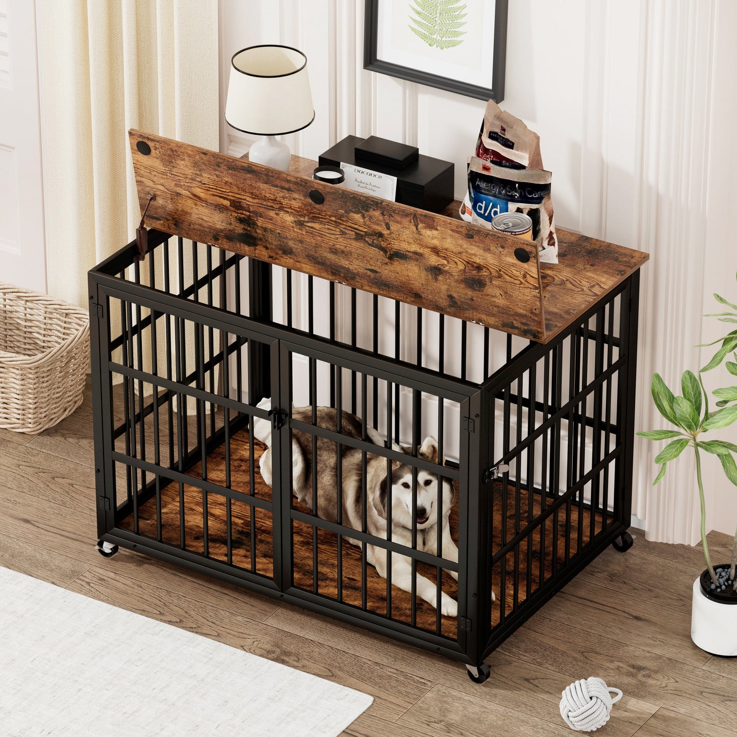 43" Furniture Style Dog Crate | Rustic Brown Dog Crate End Table on Wheels