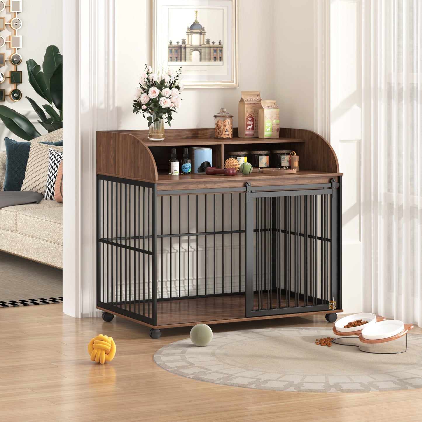 Wooden Dog Kennel End Table | 44" Heavy Duty Dog Crate Furniture with Wheels
