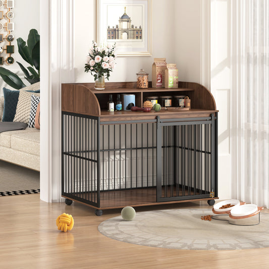 Wooden Dog Kennel End Table | 44" Heavy Duty Dog Crate Furniture with Wheels